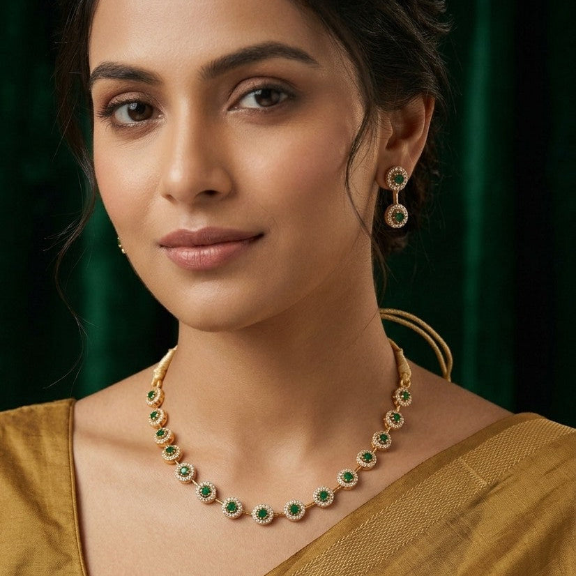 Elegant Emerald Green & White AD Stone Round Motif Choker Set