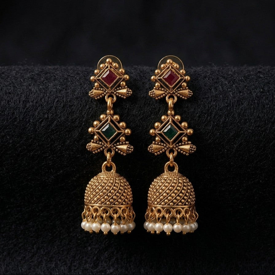 Dual-Tier Gem Antique Gold Jhumka Earrings with Pearl Drops