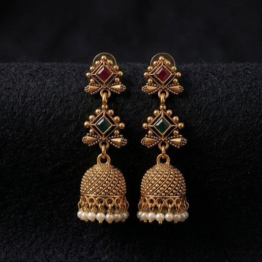 Dual-Tier Gem Antique Gold Jhumka Earrings with Pearl Drops