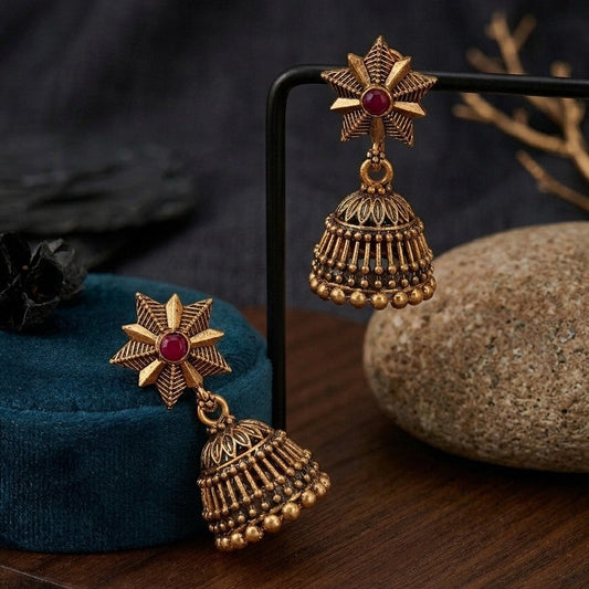 Antique Gold Starburst Floral Jhumka Earrings with Ruby Pink Cabochon