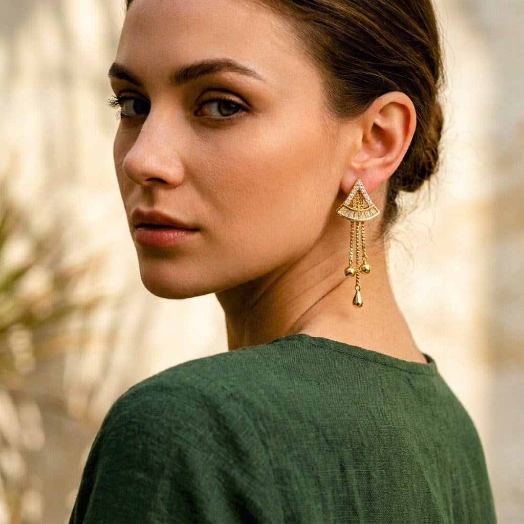 Geometric Pavé Fan & Tassel Drop Statement Earrings