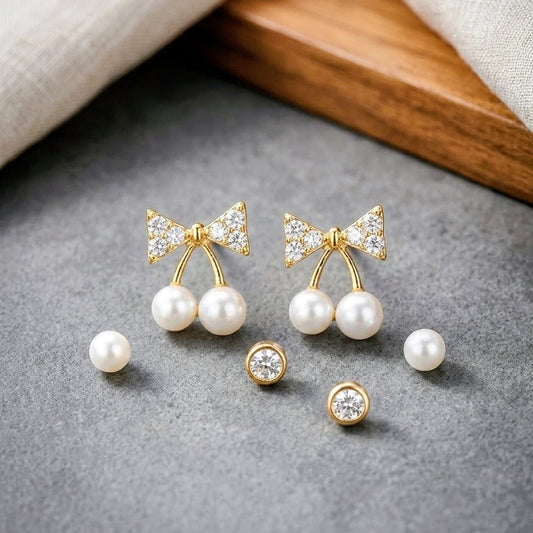 Korean Style Pavé CZ Ribbon Bow & Twin Pearl Cherry Stud Earrings