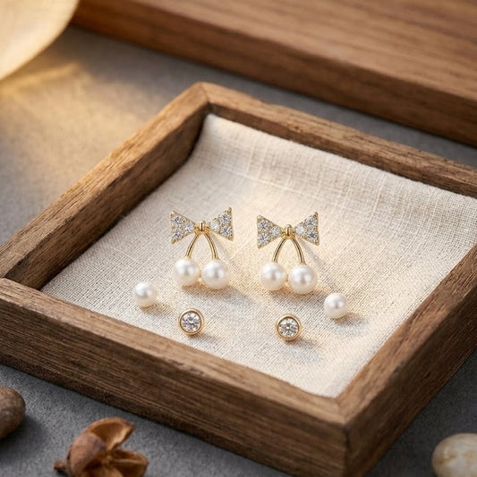 Korean Style Pavé CZ Ribbon Bow & Twin Pearl Cherry Stud Earrings