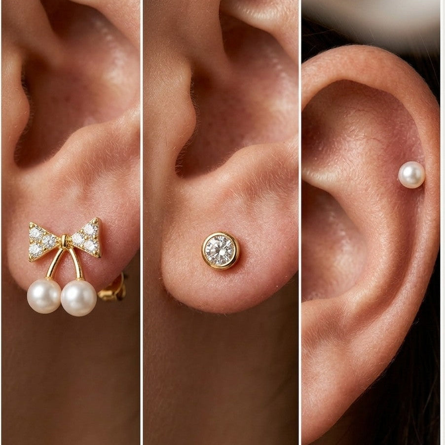 Korean Style Pavé CZ Ribbon Bow & Twin Pearl Cherry Stud Earrings