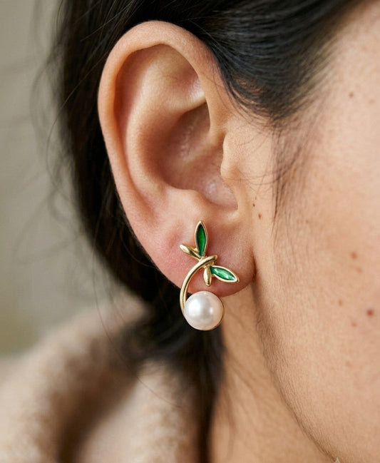 Korean Style Emerald Leaf & Pearl Drop Stud Earrings