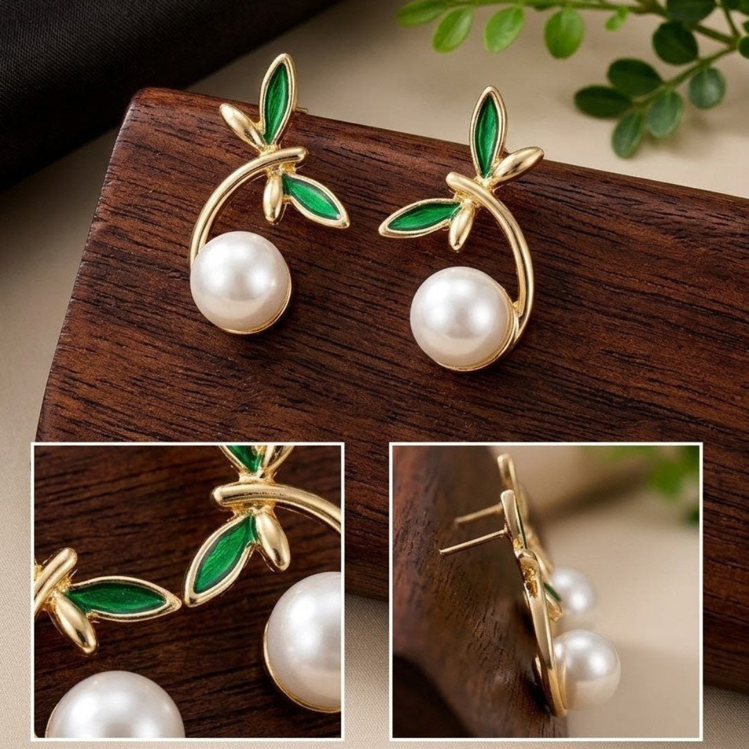 Korean Style Emerald Leaf & Pearl Drop Stud Earrings