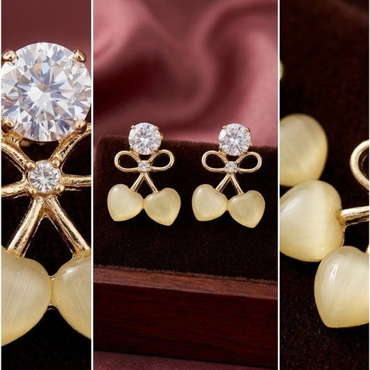 Sparkling Solitaire Ribbon & Opaline Twin Heart Stud Earrings