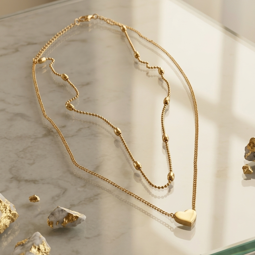 Double Layer Heart & Bead Station Necklace