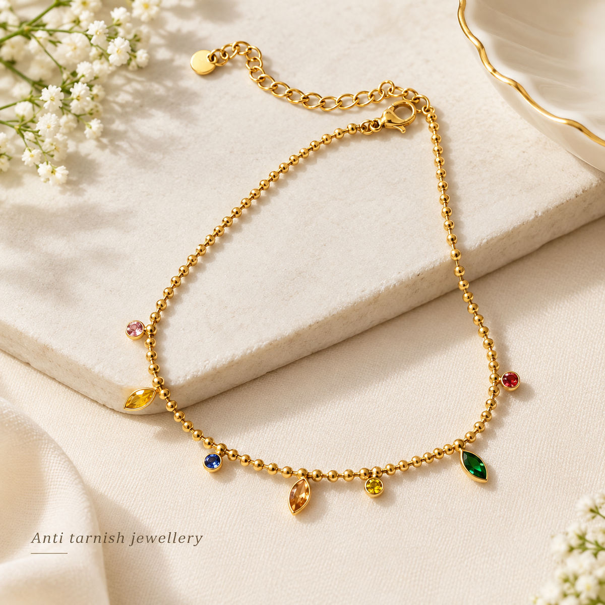 Rainbow Stone Drop Anklet – 100% Anti Tarnish