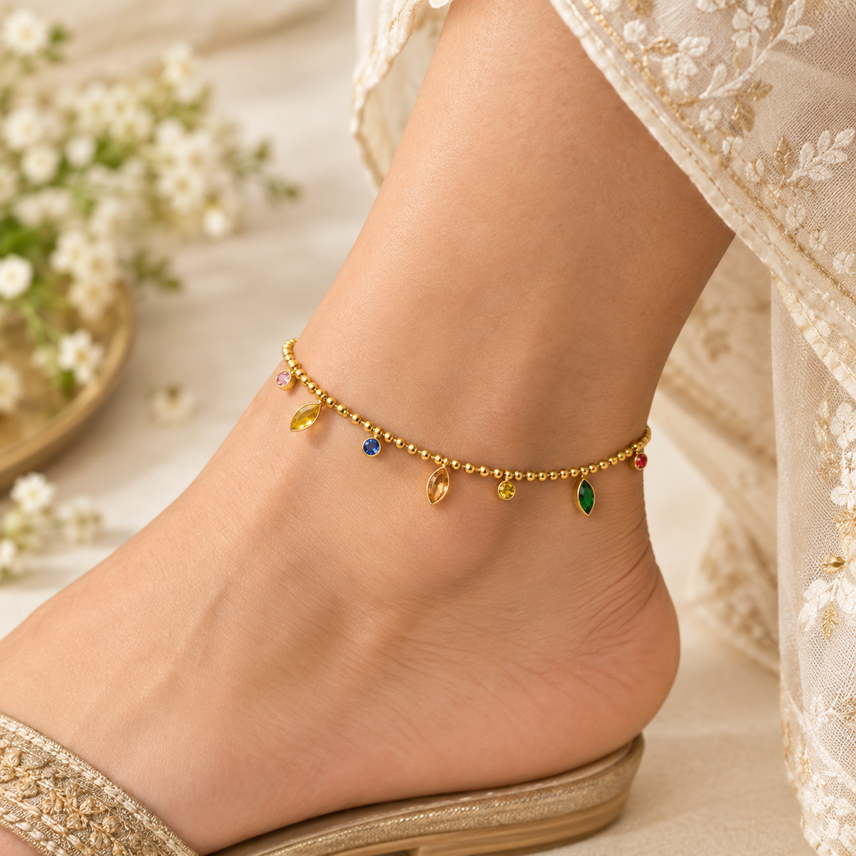 Rainbow Stone Drop Anklet – 100% Anti Tarnish