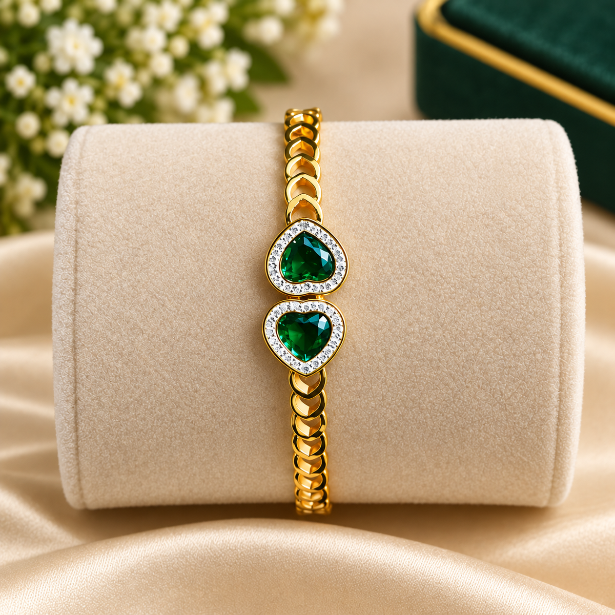 Top-down view of a golden link bracelet showcasing twin emerald-green heart crystals with sparkling rhinestone borders, worn on a wrist against a neutral satin background.