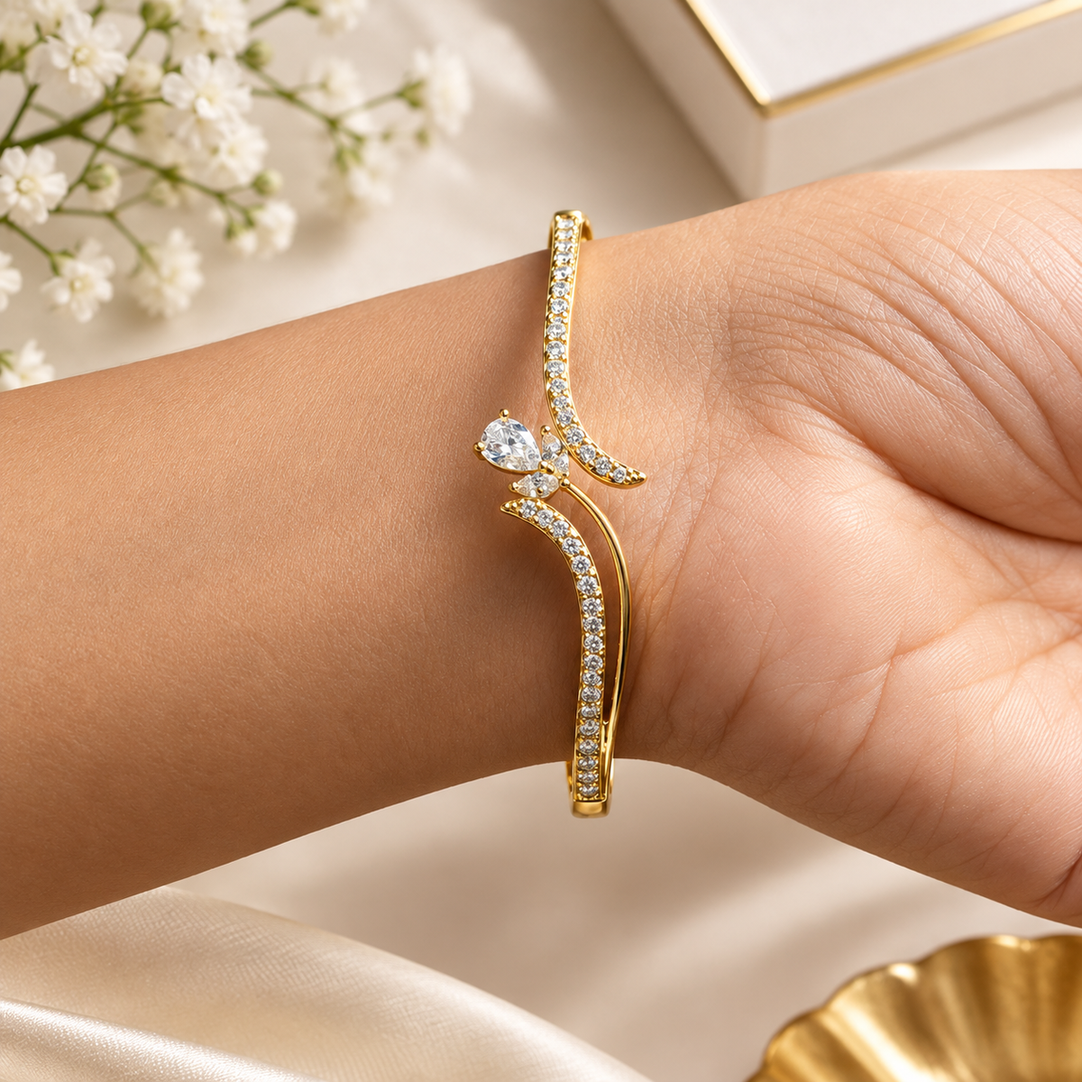 Radiant Solitaire Curve Crystal Bangle | 100% Anti tarnish