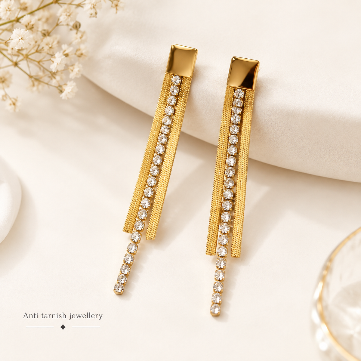 Crystal Line Tassel Earrings | 100% Anti tarnish