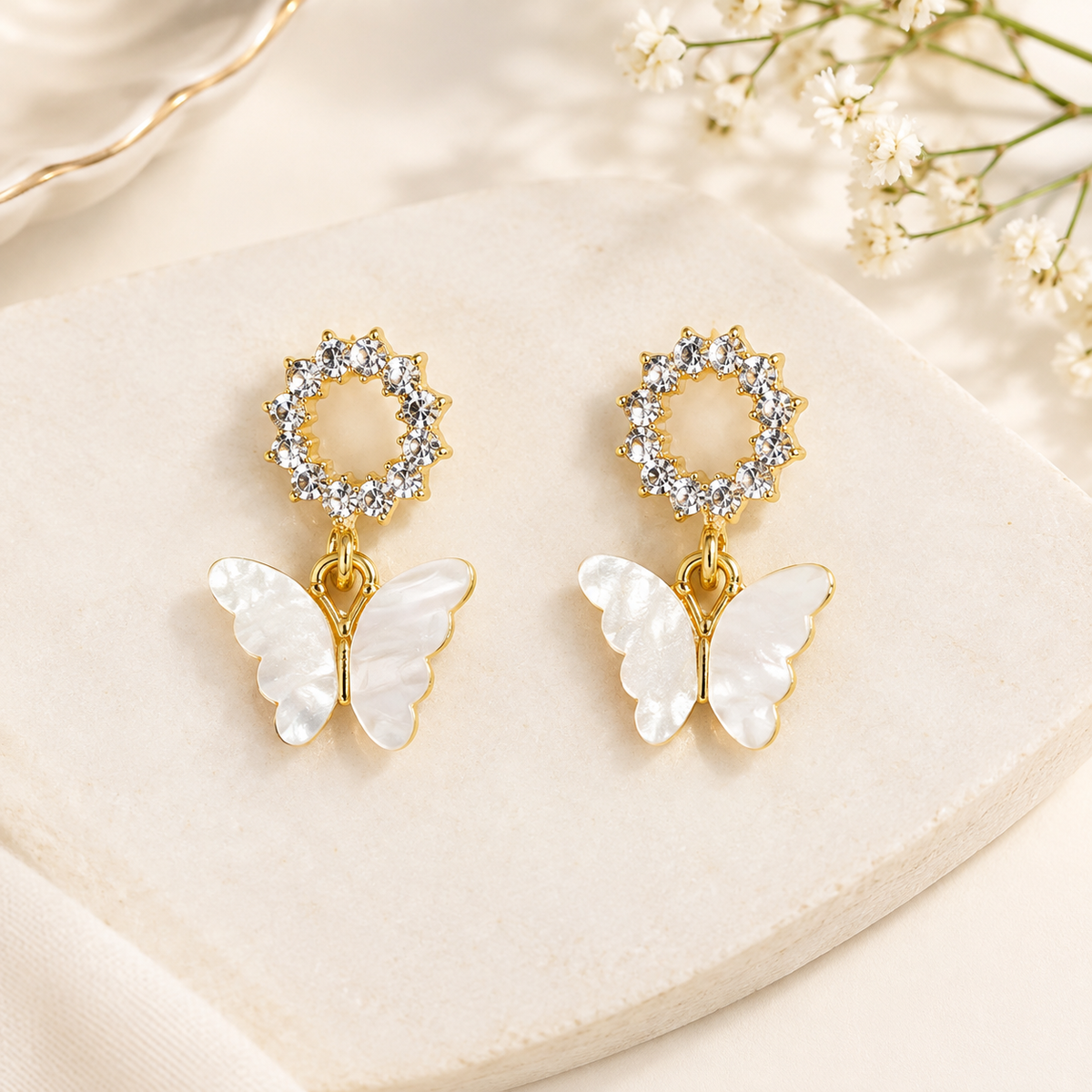Pearl White Butterfly Drop Earrings | 100% Anti tarnish
