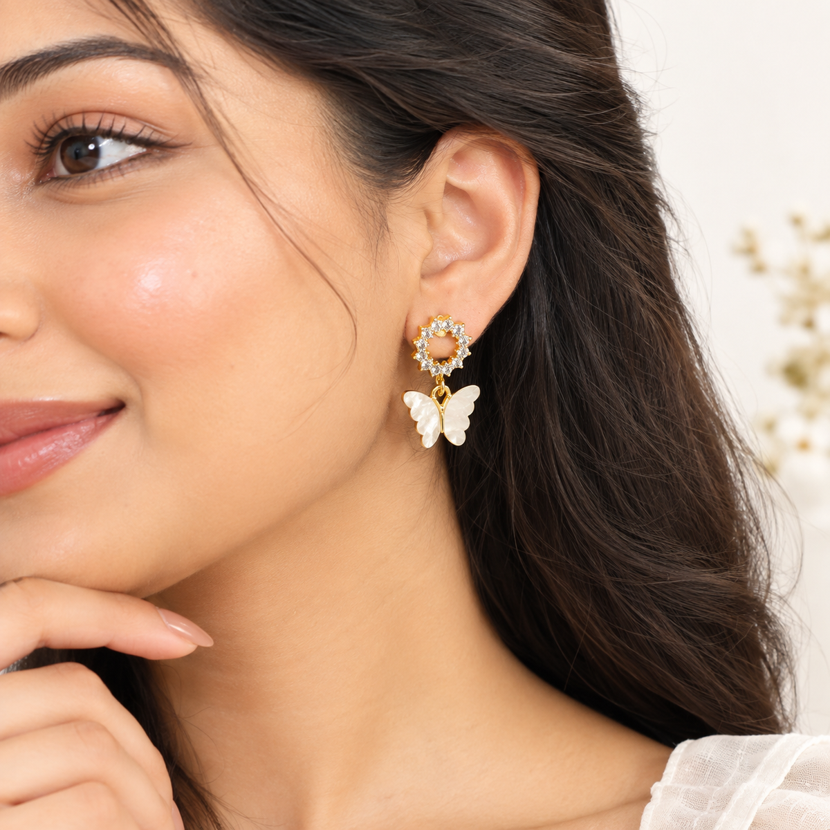 Pearl White Butterfly Drop Earrings | 100% Anti tarnish