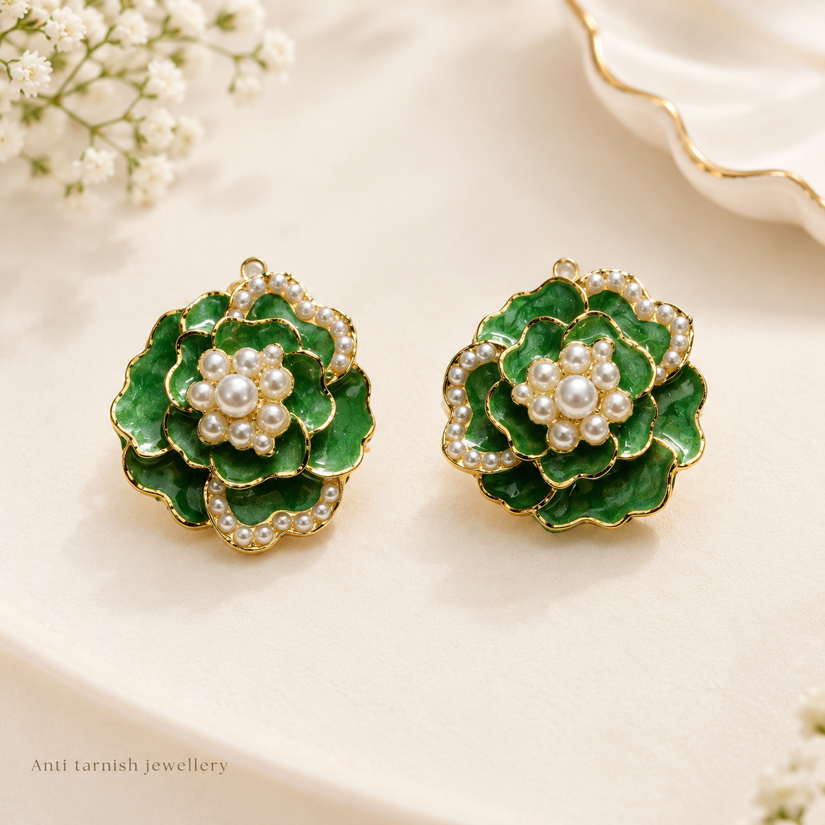 Green Enamel Pearl Flower Earrings | 100% Anti tarnish