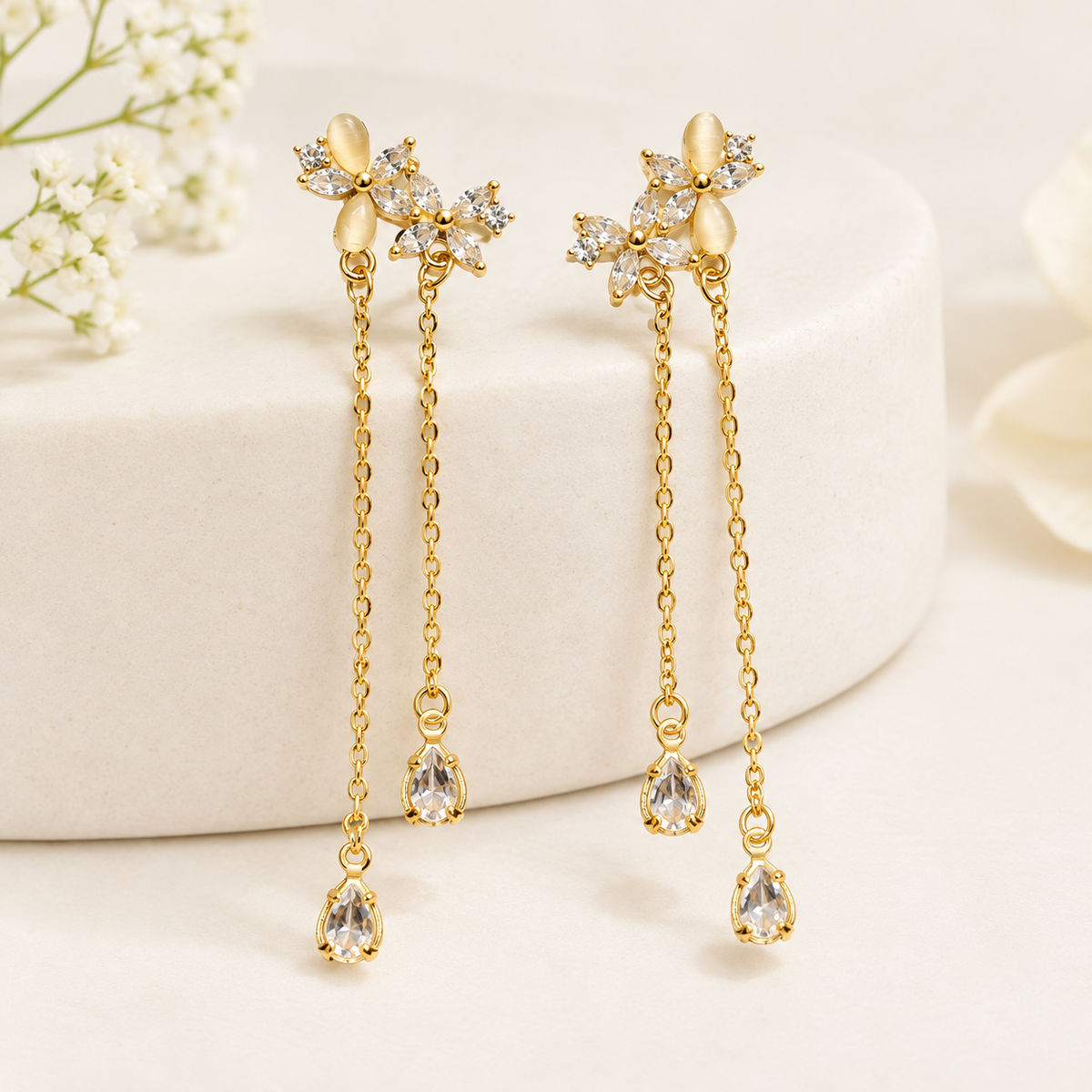 Crystal Floral Double Chain Earrings | 100% Anti tarnish