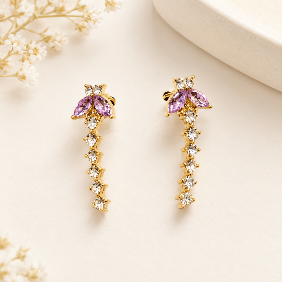 Pink Petal Crystal Drop Earrings | 100% Anti tarnish