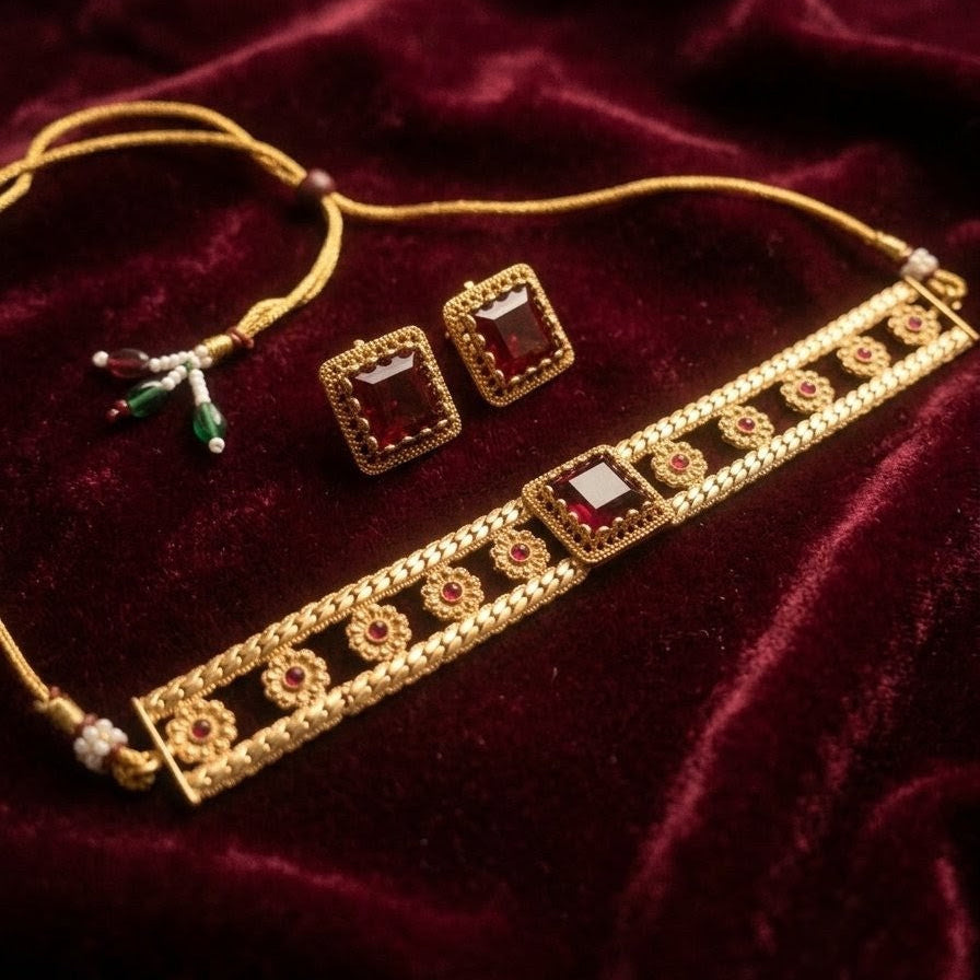 Elegant Red Ruby Choker Necklace Set with Earrings