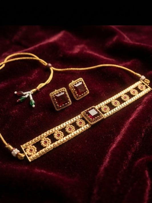 Elegant Red Ruby Choker Necklace Set with Earrings