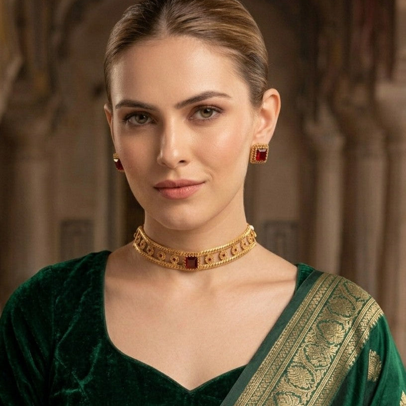 Elegant Red Ruby Choker Necklace Set with Earrings