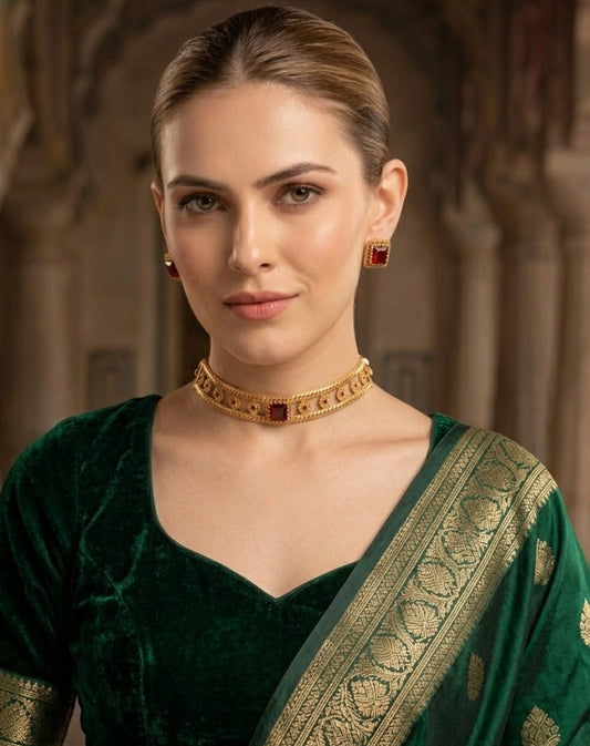 Elegant Red Ruby Choker Necklace Set with Earrings