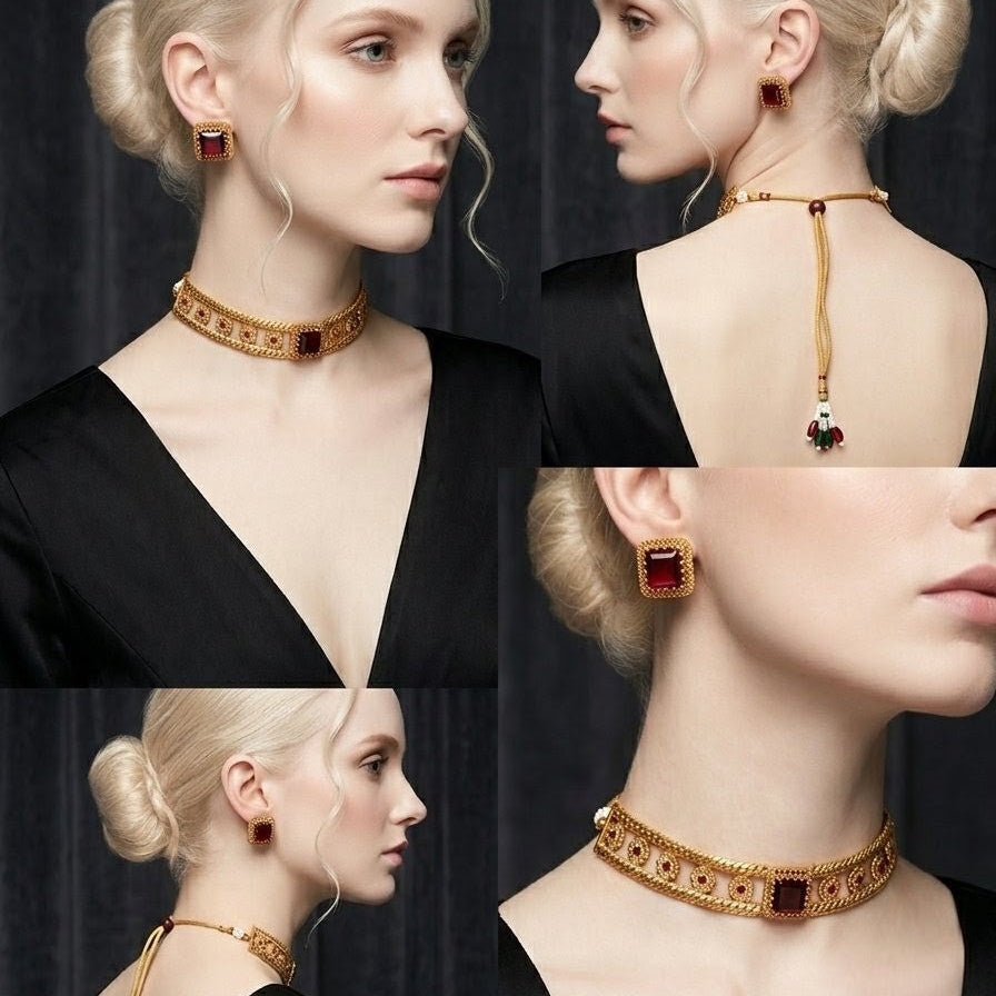 Elegant Red Ruby Choker Necklace Set with Earrings