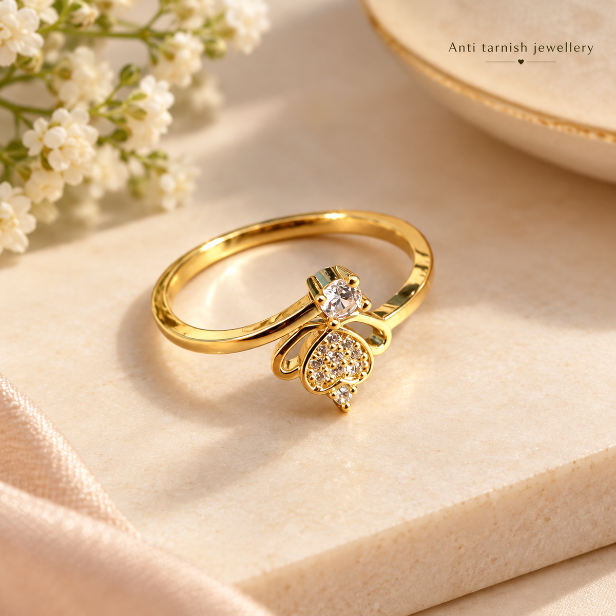Solitaire Pavé Heart Ring – 100% Anti Tarnish