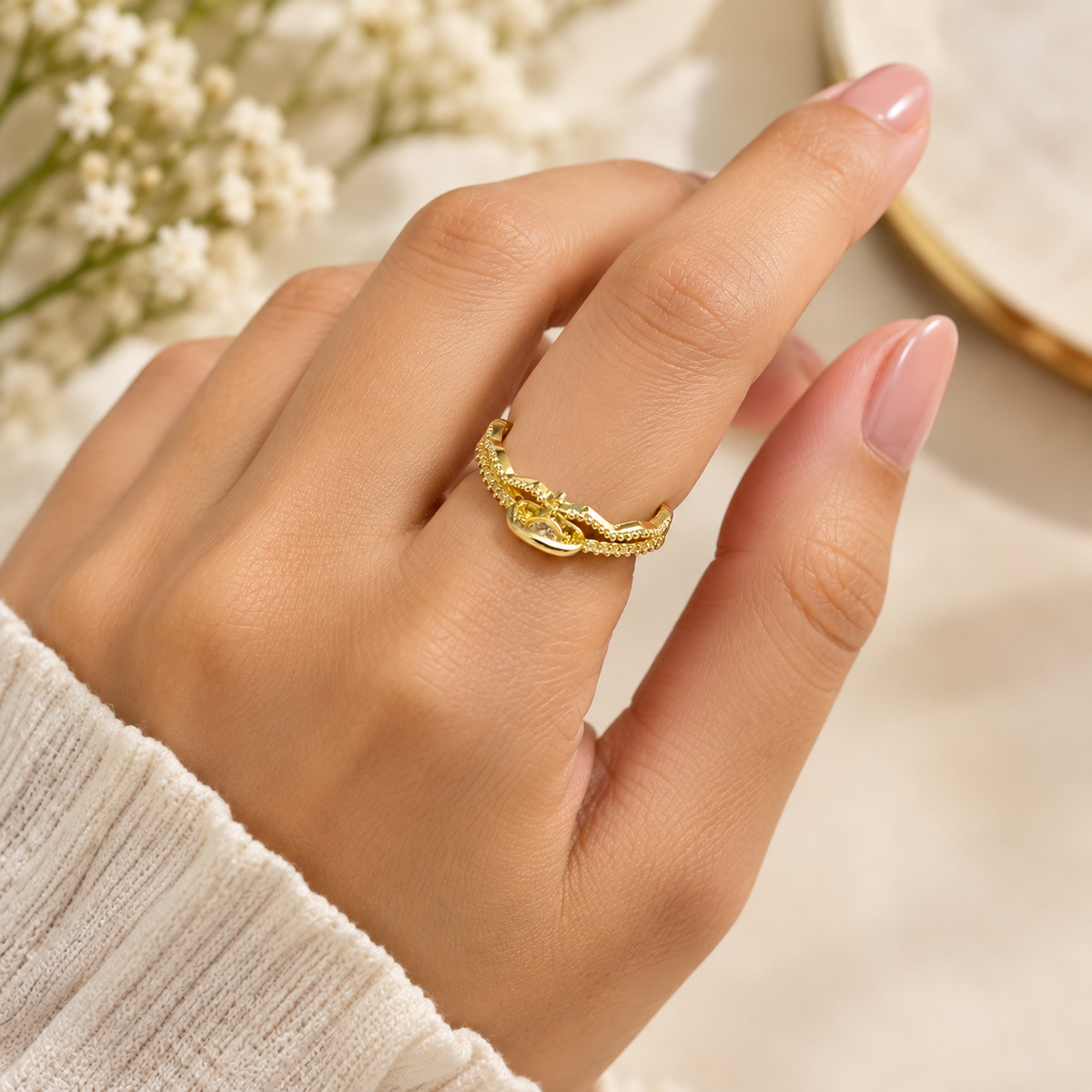 Beaded Charm Open Ring – 100% Anti Tarnish