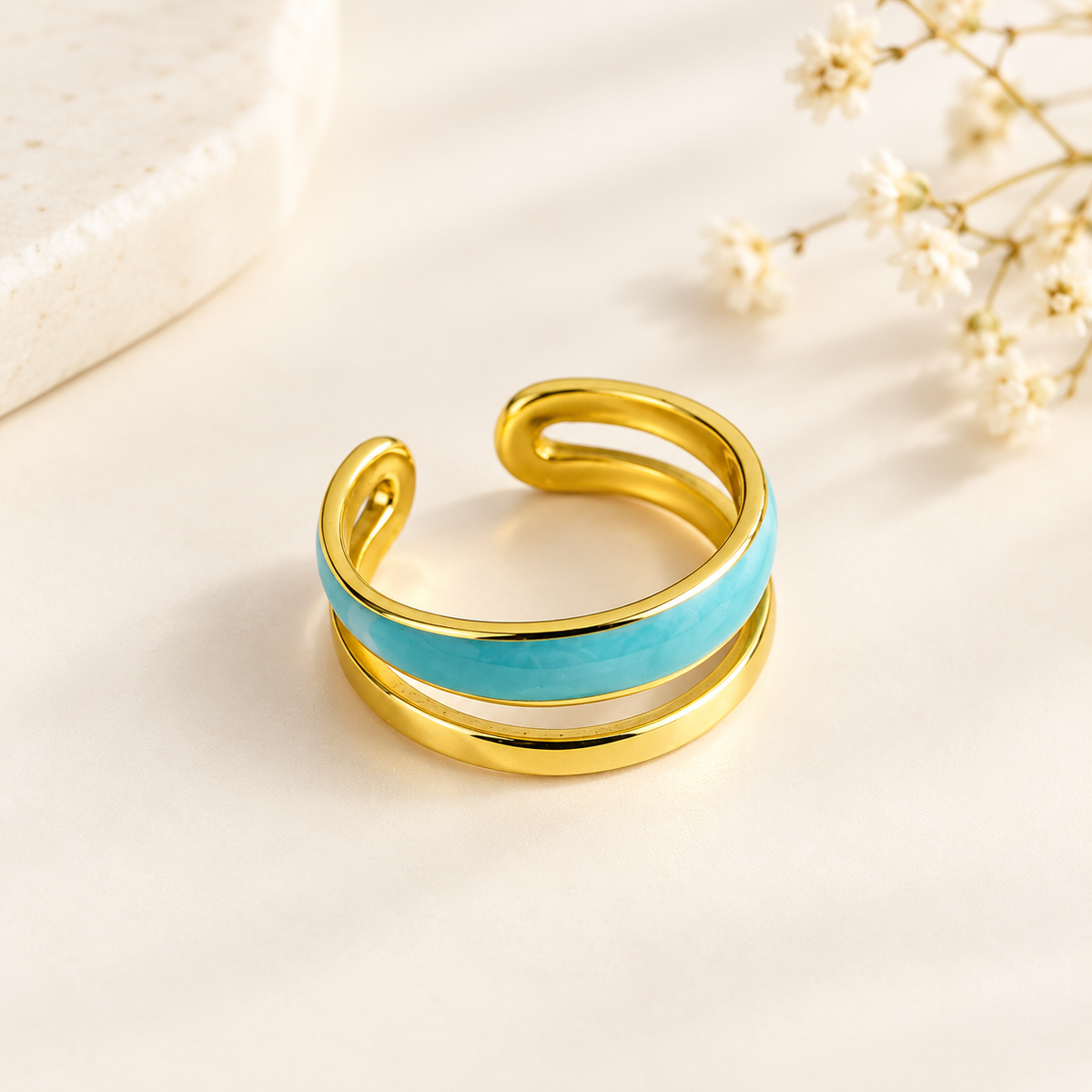 Turquoise Enamel Double Band Ring – 100% Anti Tarnish