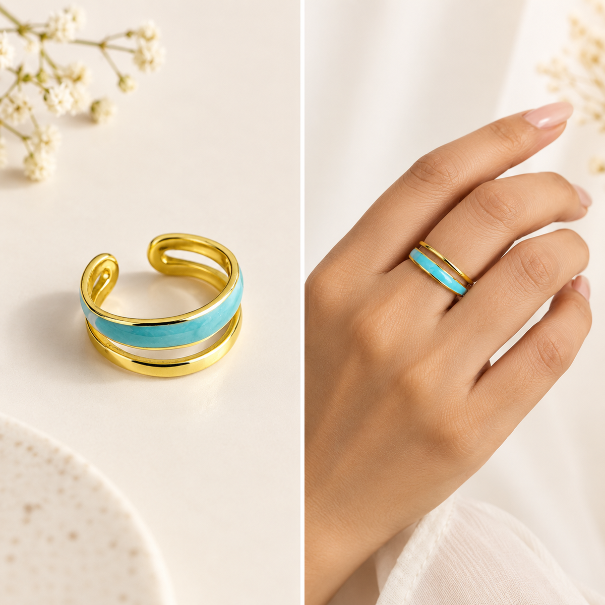 Turquoise Enamel Double Band Ring – 100% Anti Tarnish