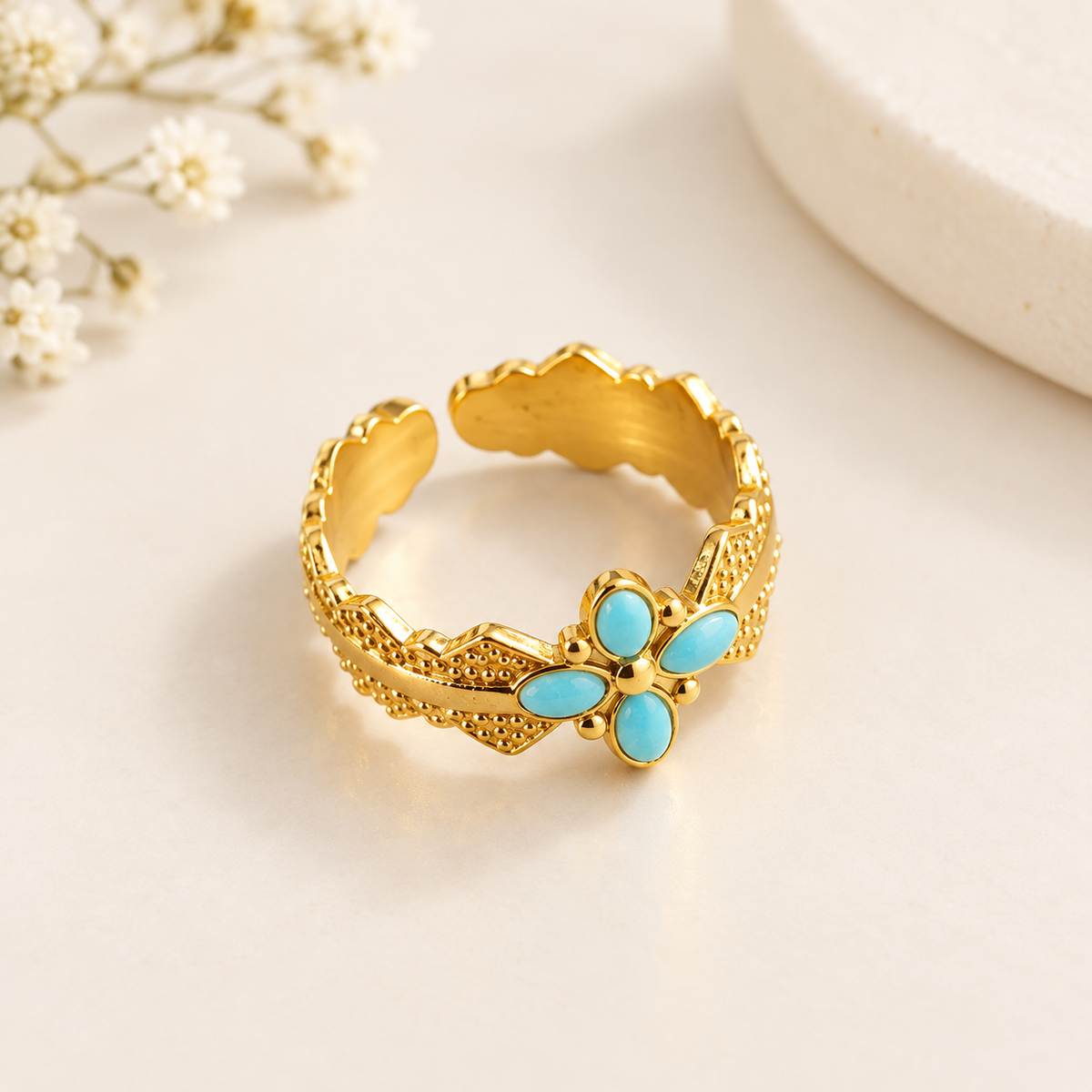 Turquoise Flower Boho Ring – 100% Anti Tarnish