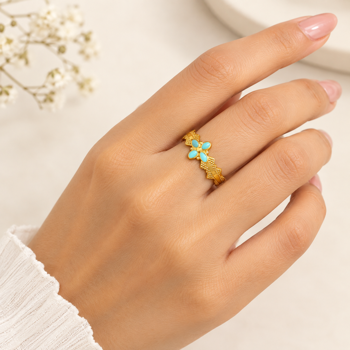 Turquoise Flower Boho Ring – 100% Anti Tarnish