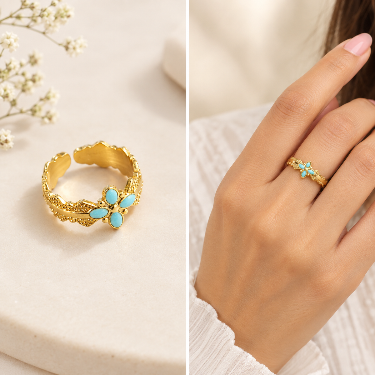Turquoise Flower Boho Ring – 100% Anti Tarnish