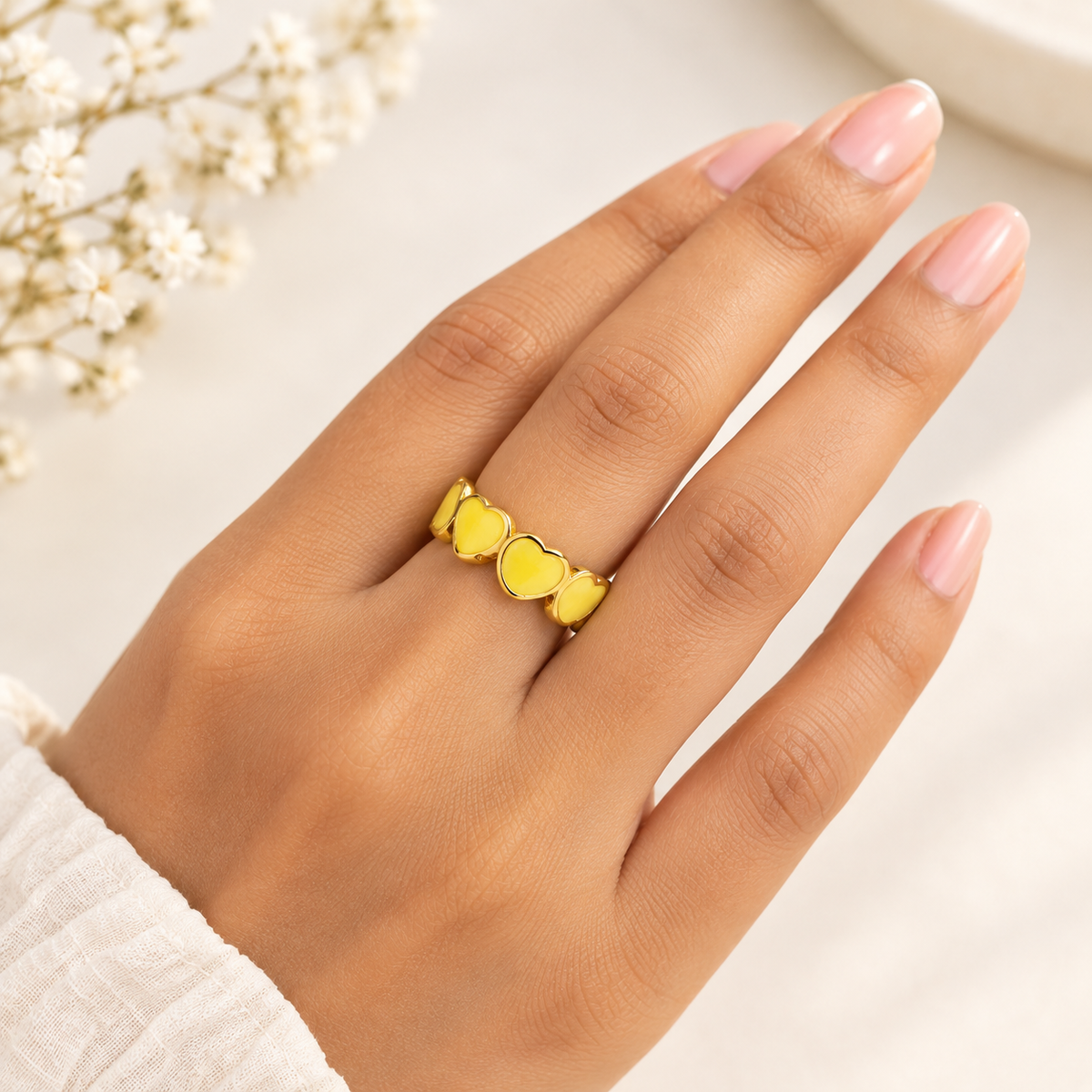 Sunshine Yellow Hearts Ring – 100% Anti Tarnish