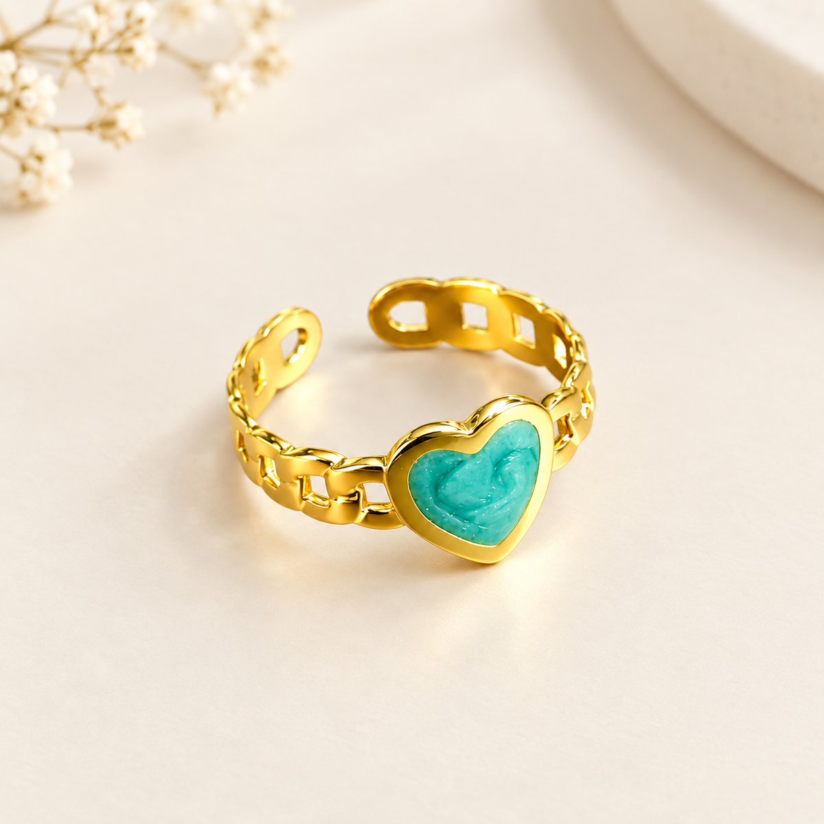 Turquoise blue Heart Chain Link Ring – 100% Anti Tarnish