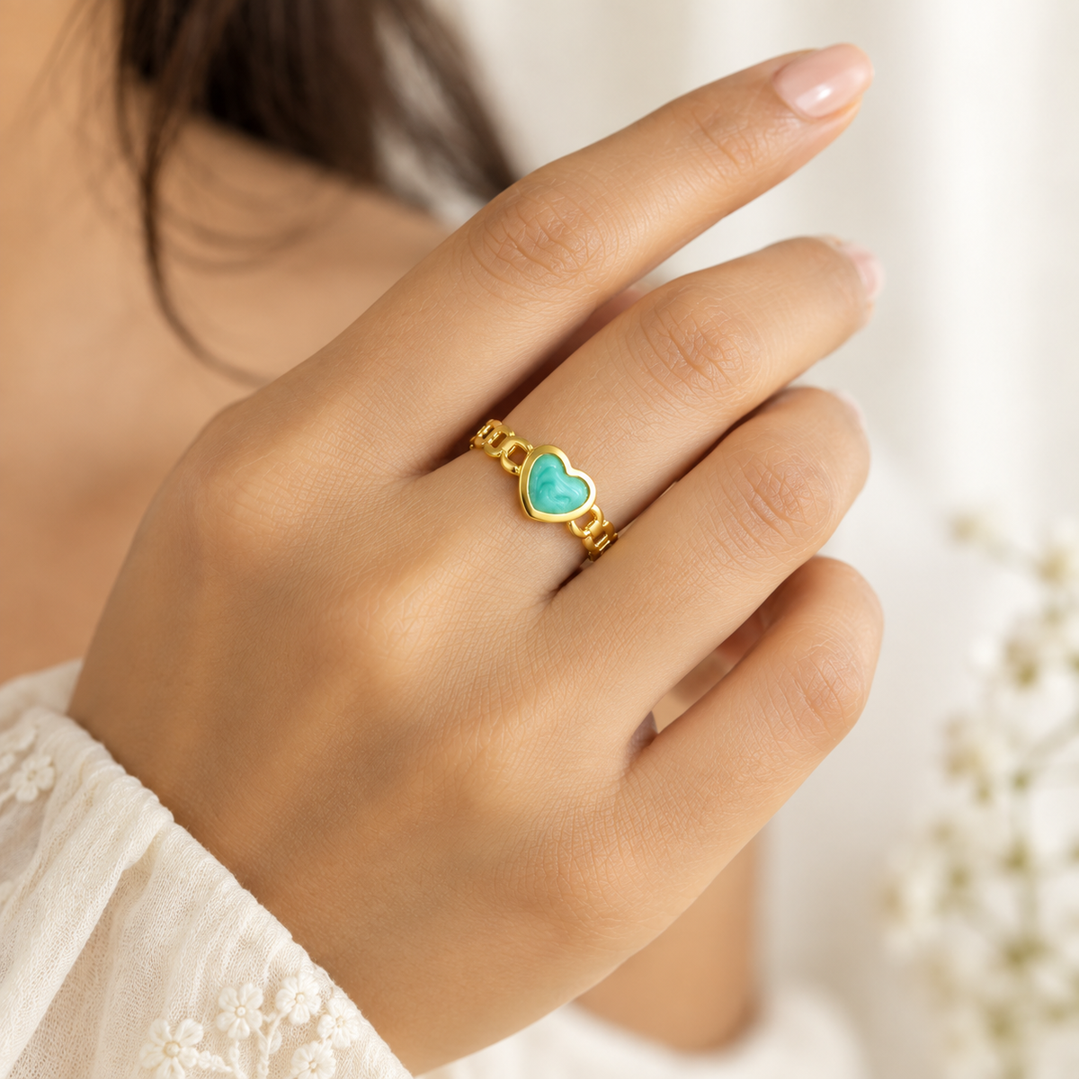 Turquoise blue Heart Chain Link Ring – 100% Anti Tarnish