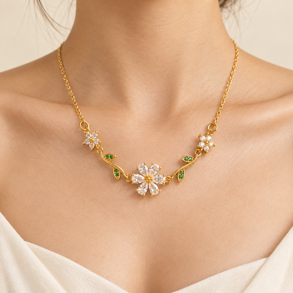 Design-faithful crystal floral necklace worn around a beautiful neck