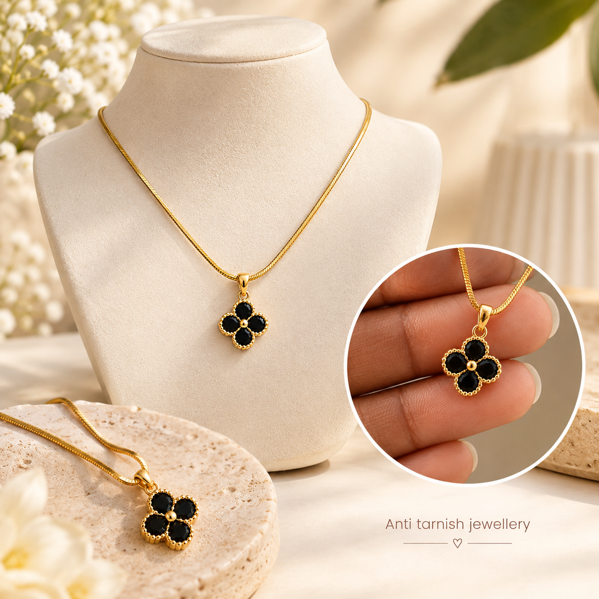 Midnight Black Clover Anti Tarnish Necklace