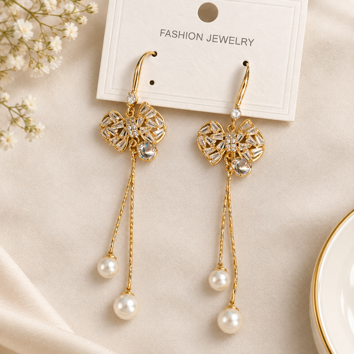 Butterfly Crystal Pearl Drop Anti Tarnish Earrings