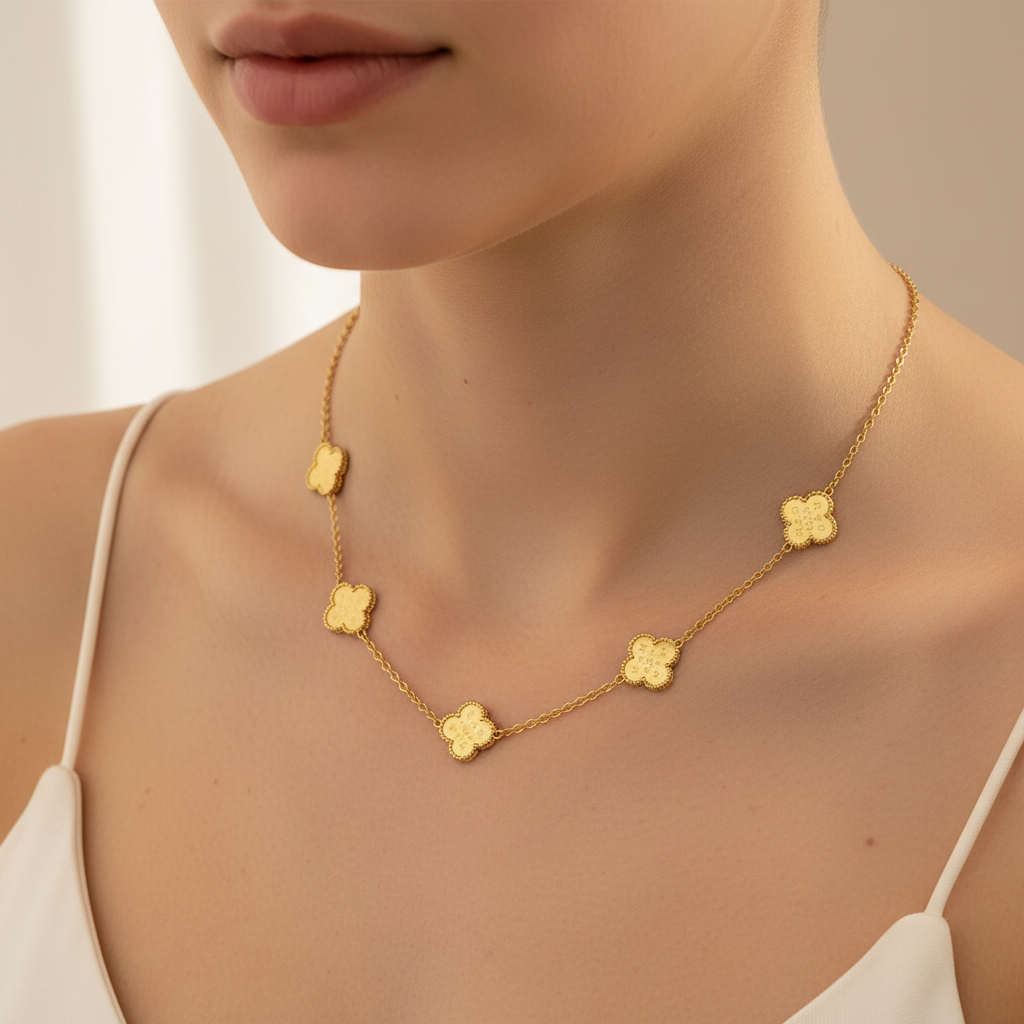 Five-clover necklace worn gracefully around a beautiful neck