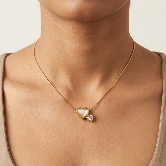 Double Heart Opal & Crystal Pendant Necklace