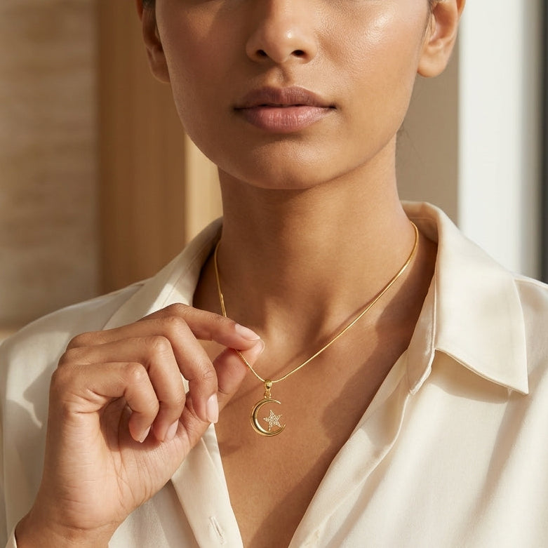 Celestial Crescent Moon & Star Pendant Necklace