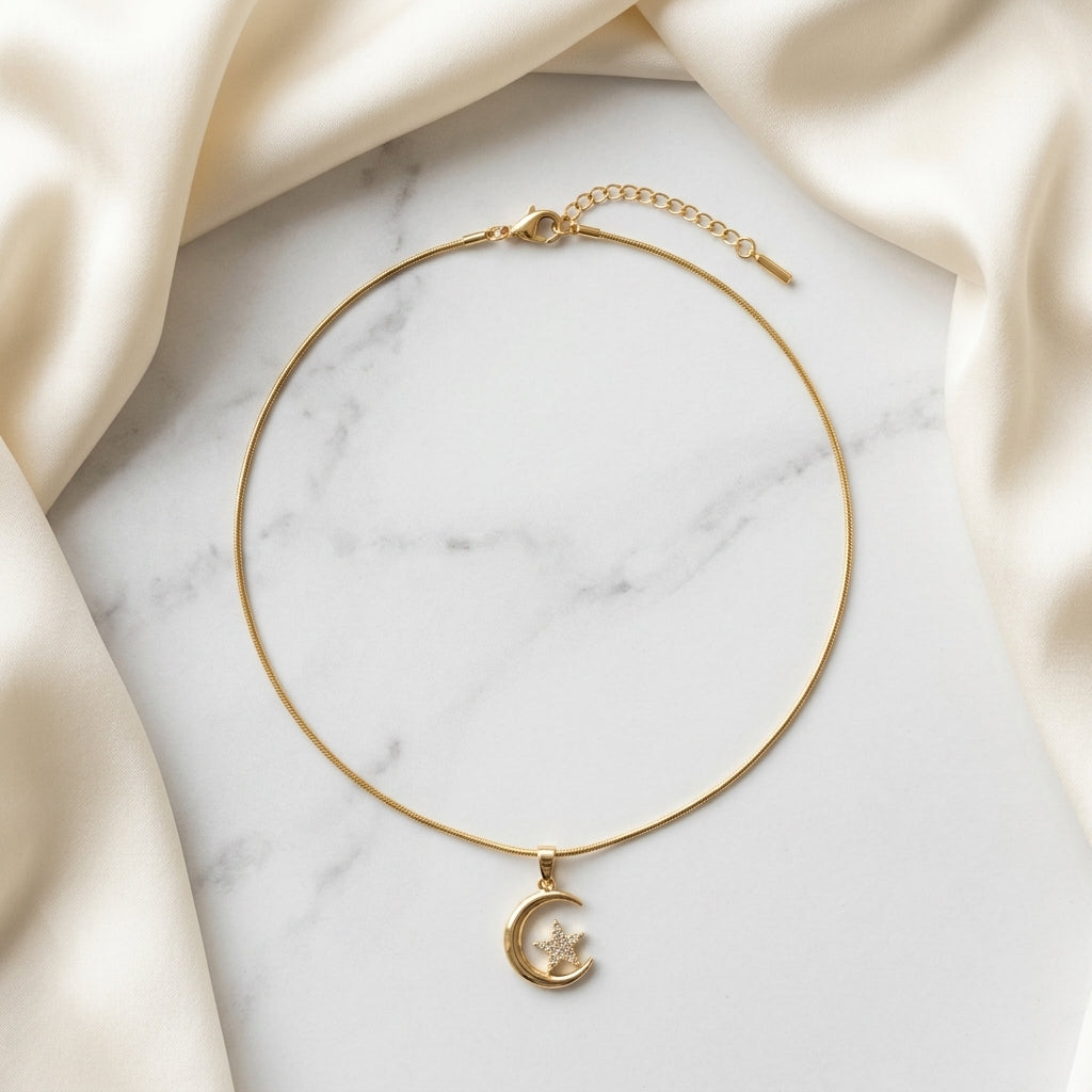 Celestial Crescent Moon & Star Pendant Necklace
