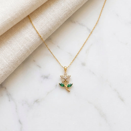 Crystal Blossom & Emerald Leaf Pendant Necklace