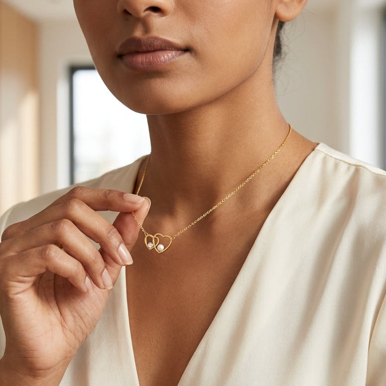 Interlocking Dual Heart Pearl & Crystal Pendant Necklace