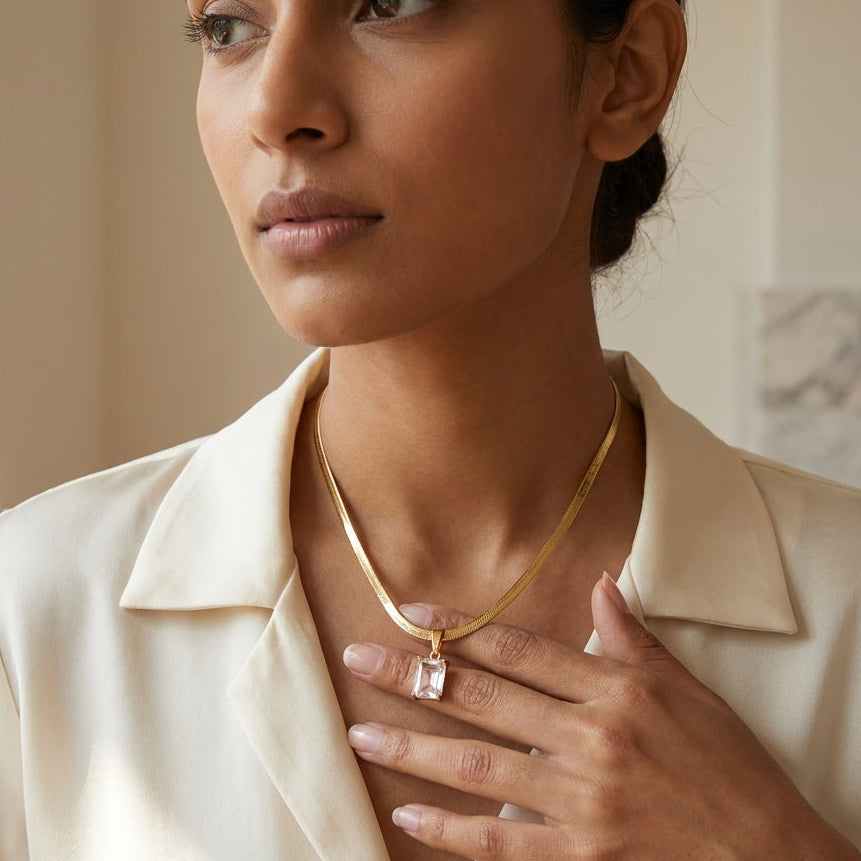 Radiant Solitaire Herringbone Chain Necklace