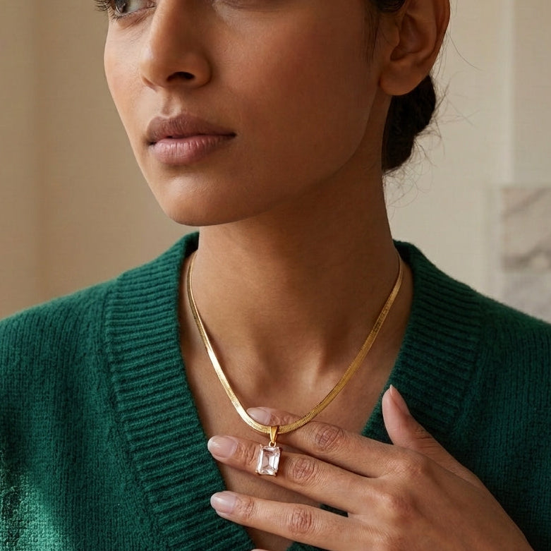 Radiant Solitaire Herringbone Chain Necklace