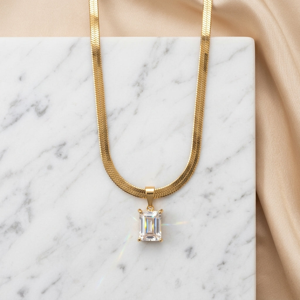 Radiant Solitaire Herringbone Chain Necklace