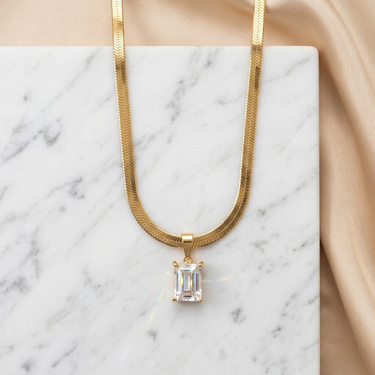 Radiant Solitaire Herringbone Chain Necklace